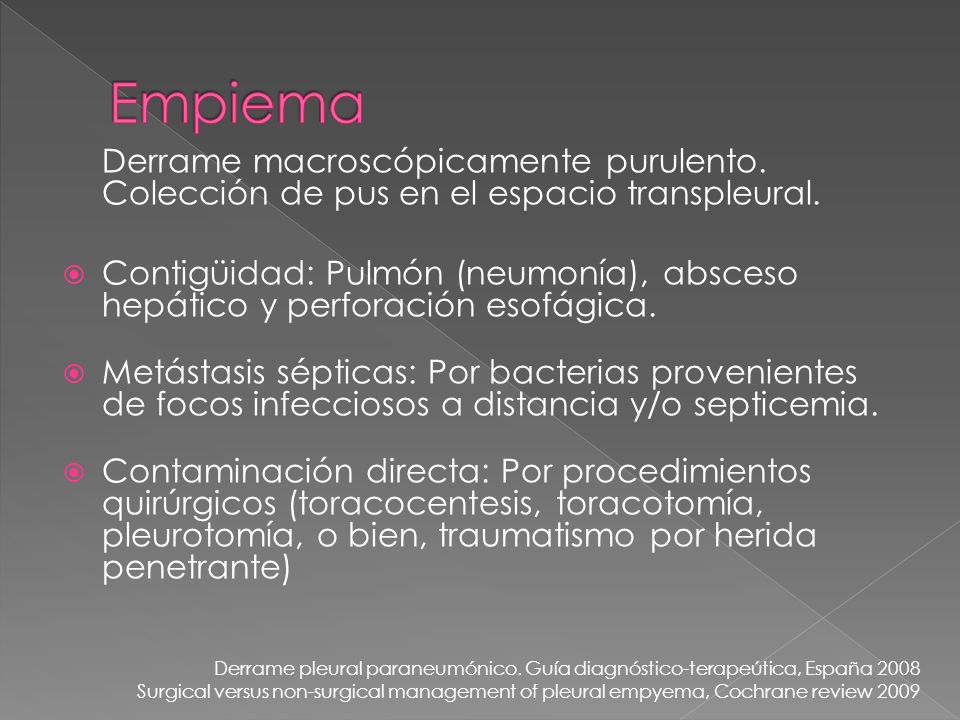 Empiema Derrame macroscópicamente purulento. Colección de pus en el espacio transpleural.