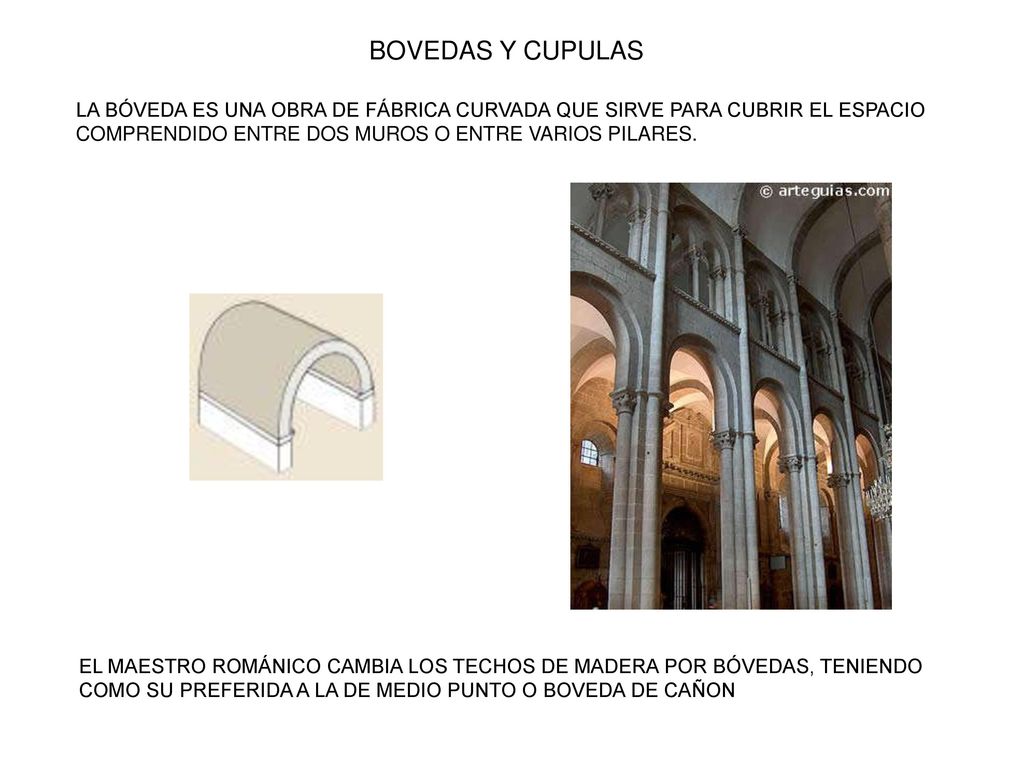 BOVEDAS Y CUPULAS LA BÓVEDA ES UNA OBRA DE FÁBRICA CURVADA QUE SIRVE PARA CUBRIR EL ESPACIO COMPRENDIDO ENTRE DOS MUROS O ENTRE VARIOS PILARES.
