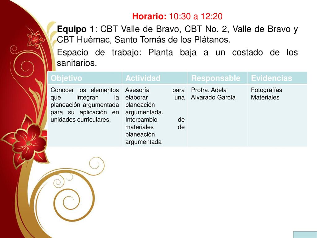 Horario: 10:30 a 12:20 Equipo 1: CBT Valle de Bravo, CBT No