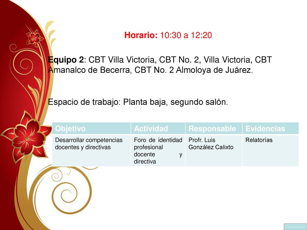 Horario: 10:30 a 12:20 Equipo 2: CBT Villa Victoria, CBT No