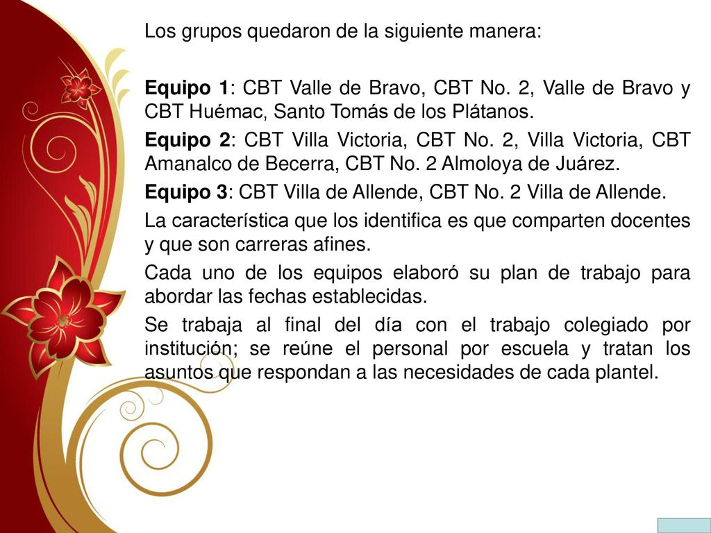 Los grupos quedaron de la siguiente manera: Equipo 1: CBT Valle de Bravo, CBT No.