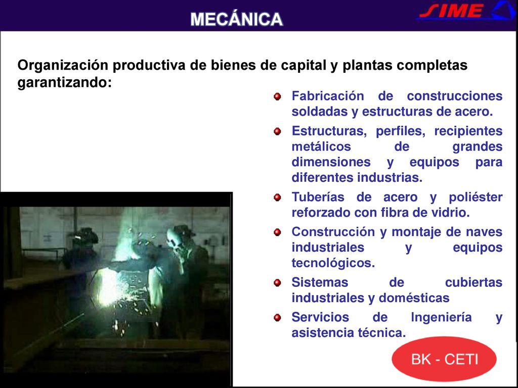 MECÁNICA Organización productiva de bienes de capital y plantas completas garantizando: