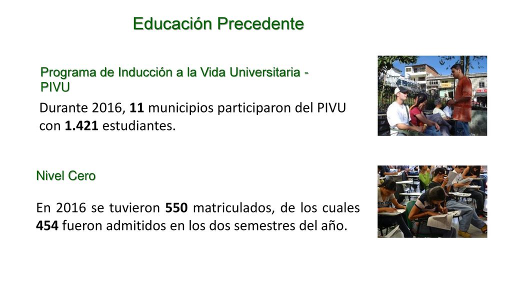 Educación Precedente Programa de Inducción a la Vida Universitaria - PIVU. Durante 2016, 11 municipios participaron del PIVU con estudiantes.