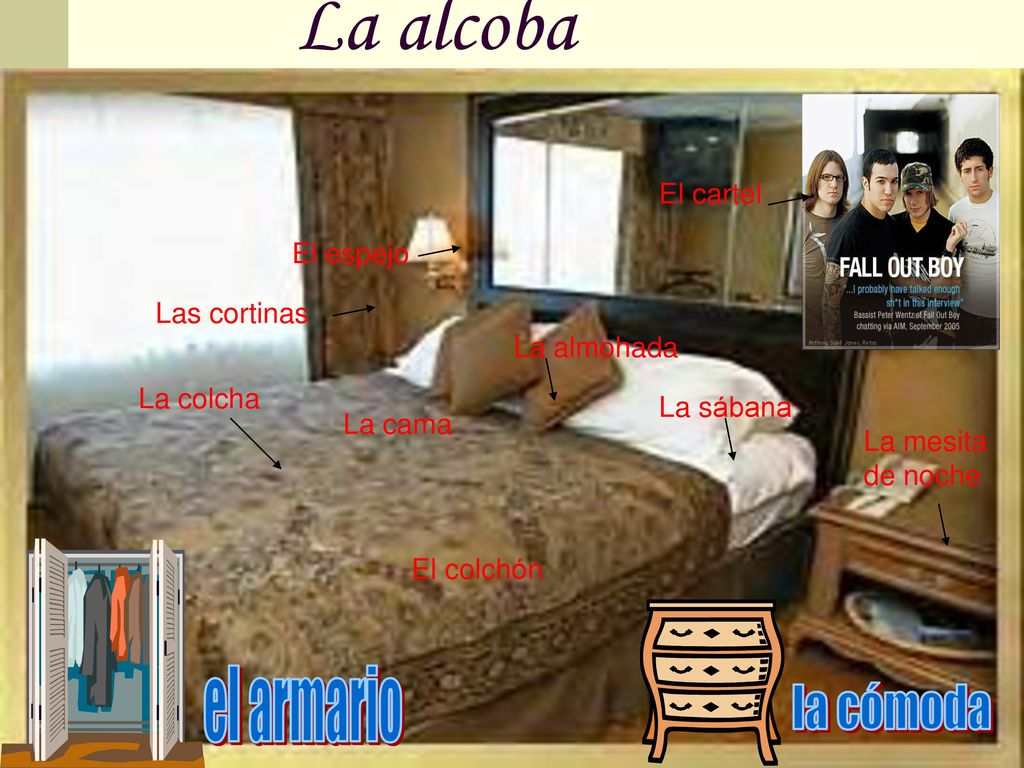 La alcoba el armario la cómoda El cartel El espejo Las cortinas