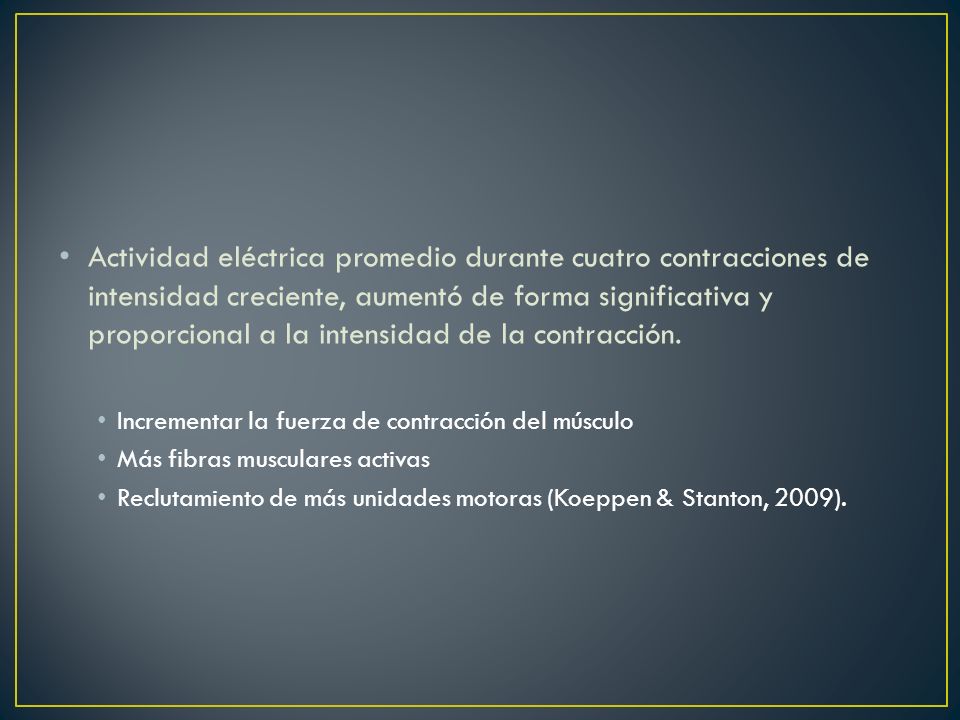 Actividad eléctrica promedio durante cuatro contracciones de intensidad creciente, aumentó de forma significativa y proporcional a la intensidad de la contracción.