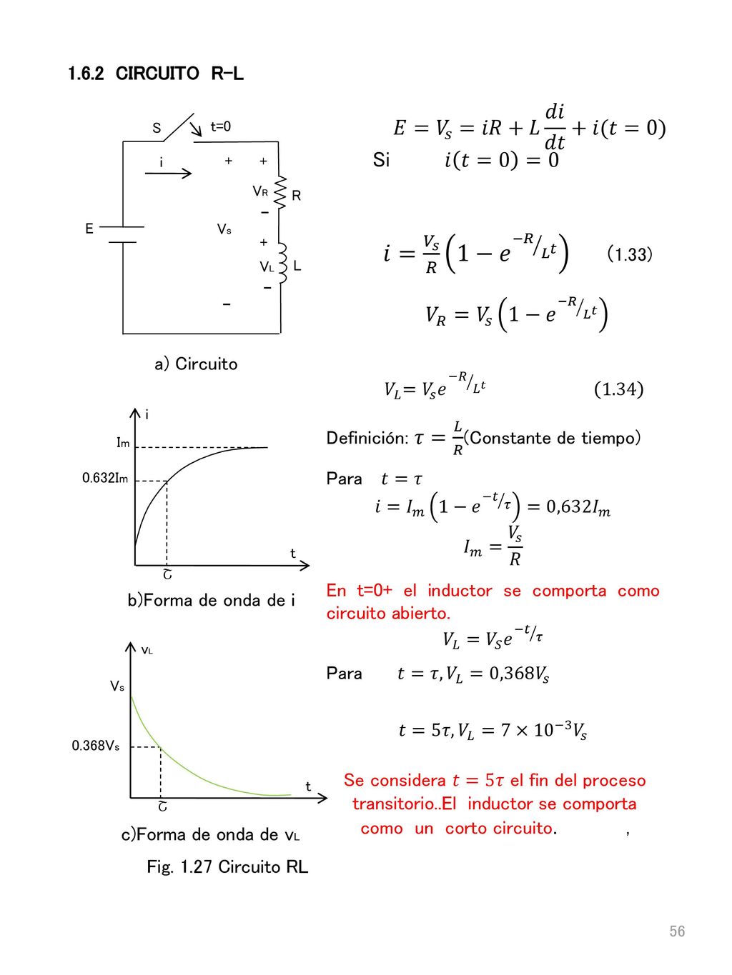 𝐸= 𝑉 𝑠 =𝑖𝑅+𝐿 𝑑𝑖 𝑑𝑡 +𝑖(𝑡=0) Si 𝑖 𝑡=0 =0 𝑉 𝑅 = 𝑉 𝑠 1− 𝑒 −𝑅 𝐿 𝑡