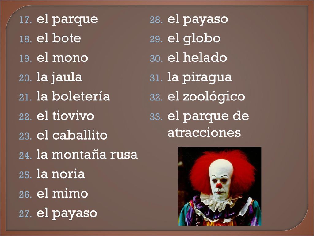 el parque el bote. el mono. la jaula. la boletería. el tiovivo. el caballito. la montaña rusa.
