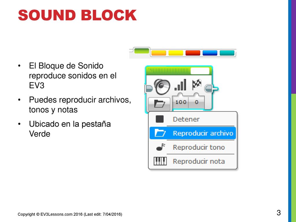 Sound Block El Bloque de Sonido reproduce sonidos en el EV3