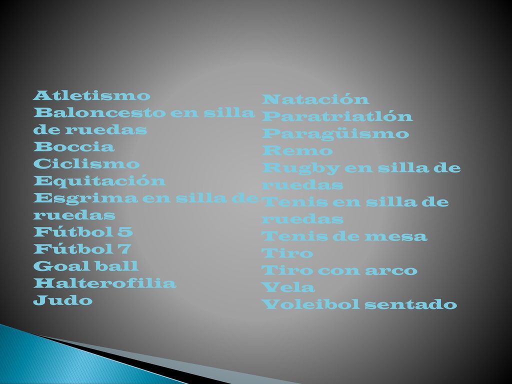 Atletismo Baloncesto en silla de ruedas. Boccia. Ciclismo. Equitación. Esgrima en silla de ruedas.