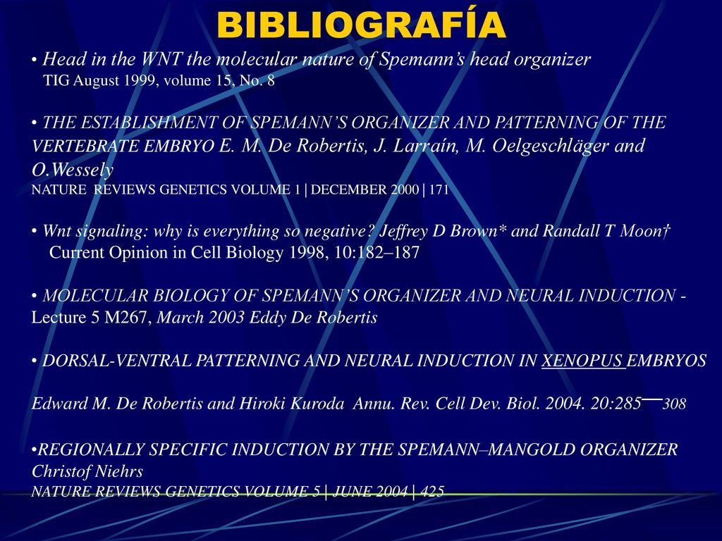 BIBLIOGRAFÍA Head in the WNT the molecular nature of Spemann’s head organizer. TIG August 1999, volume 15, No. 8.