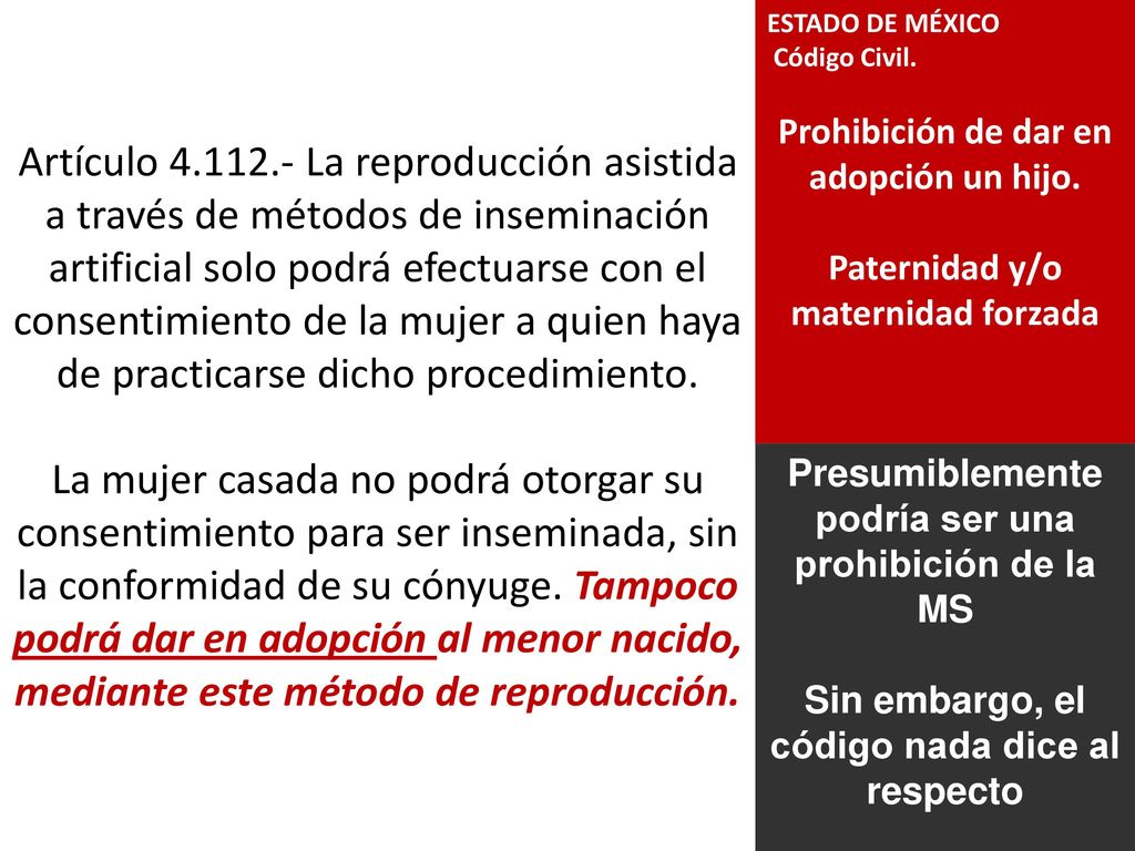 Artículo La reproducción asistida a través de métodos de inseminación artificial solo podrá efectuarse con el consentimiento de la mujer a quien haya de practicarse dicho procedimiento. La mujer casada no podrá otorgar su consentimiento para ser inseminada, sin la conformidad de su cónyuge. Tampoco podrá dar en adopción al menor nacido, mediante este método de reproducción.