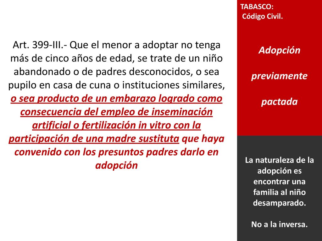 Art. 399-III.- Que el menor a adoptar no tenga más de cinco años de edad, se trate de un niño abandonado o de padres desconocidos, o sea pupilo en casa de cuna o instituciones similares, o sea producto de un embarazo logrado como consecuencia del empleo de inseminación artificial o fertilización in vitro con la participación de una madre sustituta que haya convenido con los presuntos padres darlo en adopción