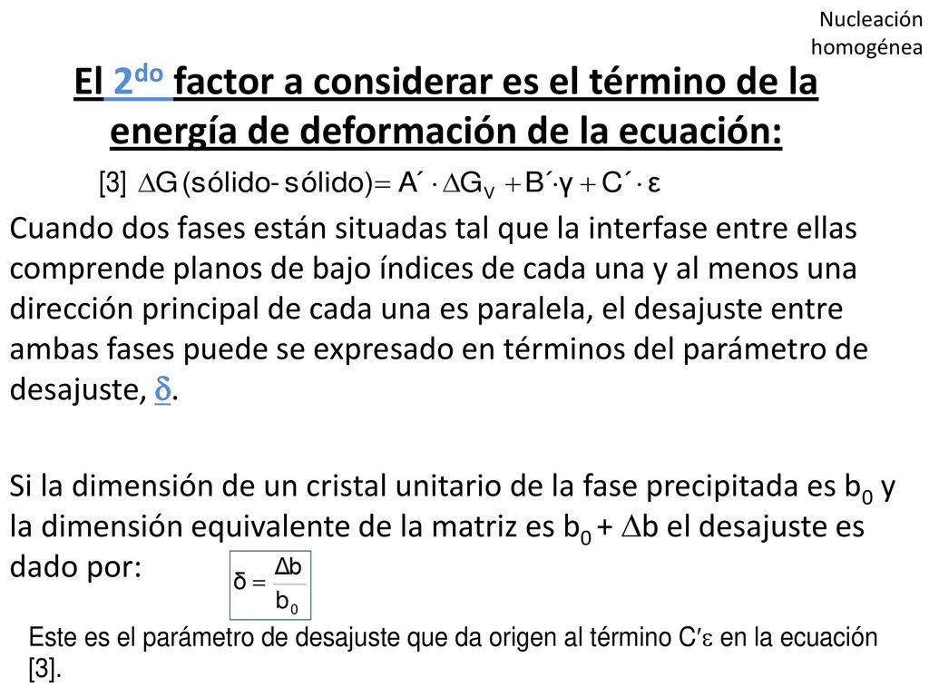 Nucleación homogénea El 2do factor a considerar es el término de la energía de deformación de la ecuación: