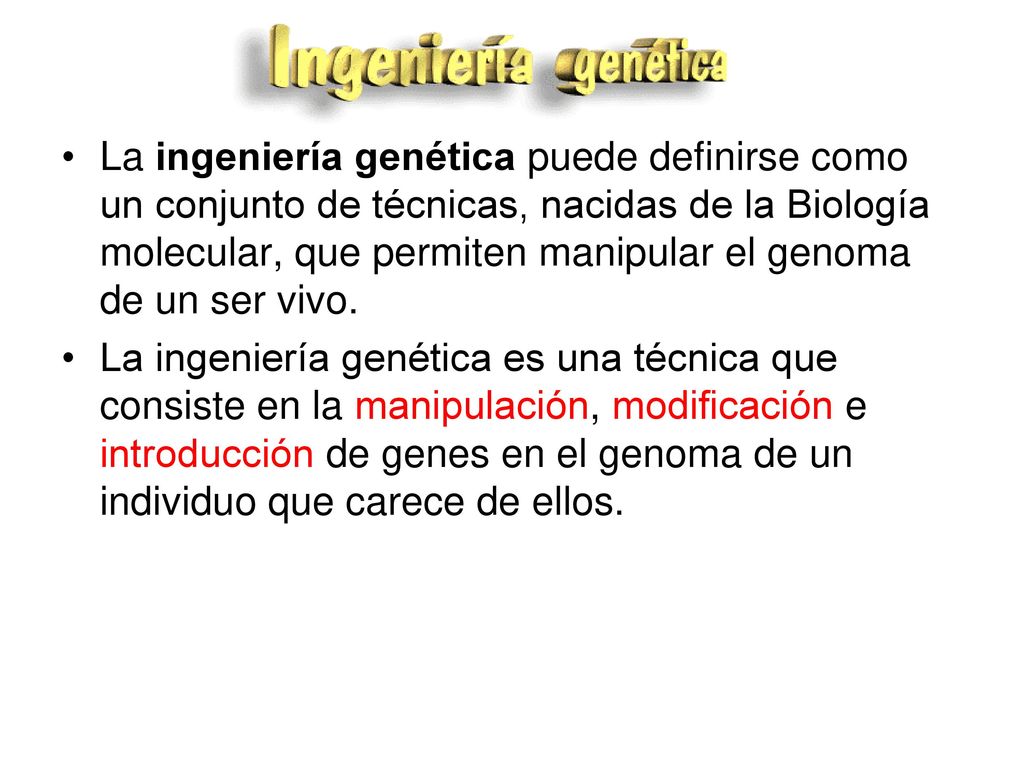 La ingeniería genética puede definirse como un conjunto de técnicas, nacidas de la Biología molecular, que permiten manipular el genoma de un ser vivo.