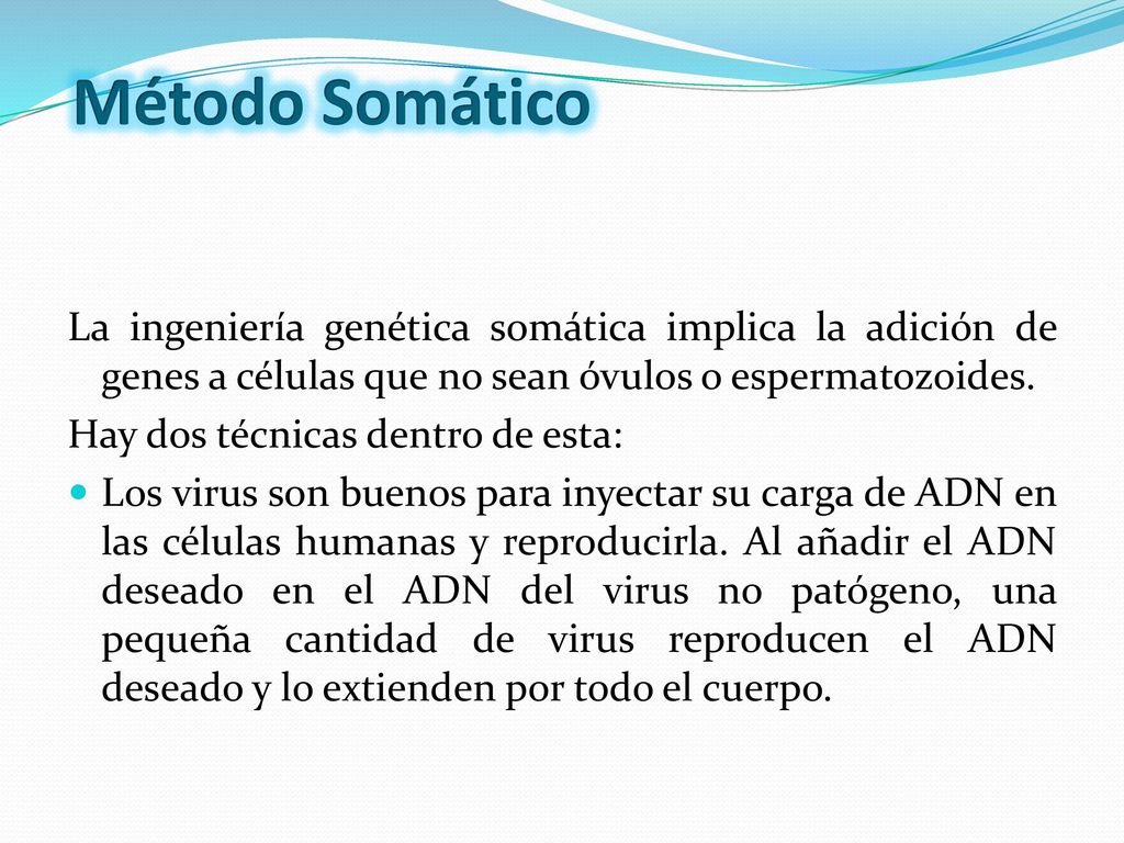 Método Somático La ingeniería genética somática implica la adición de genes a células que no sean óvulos o espermatozoides.