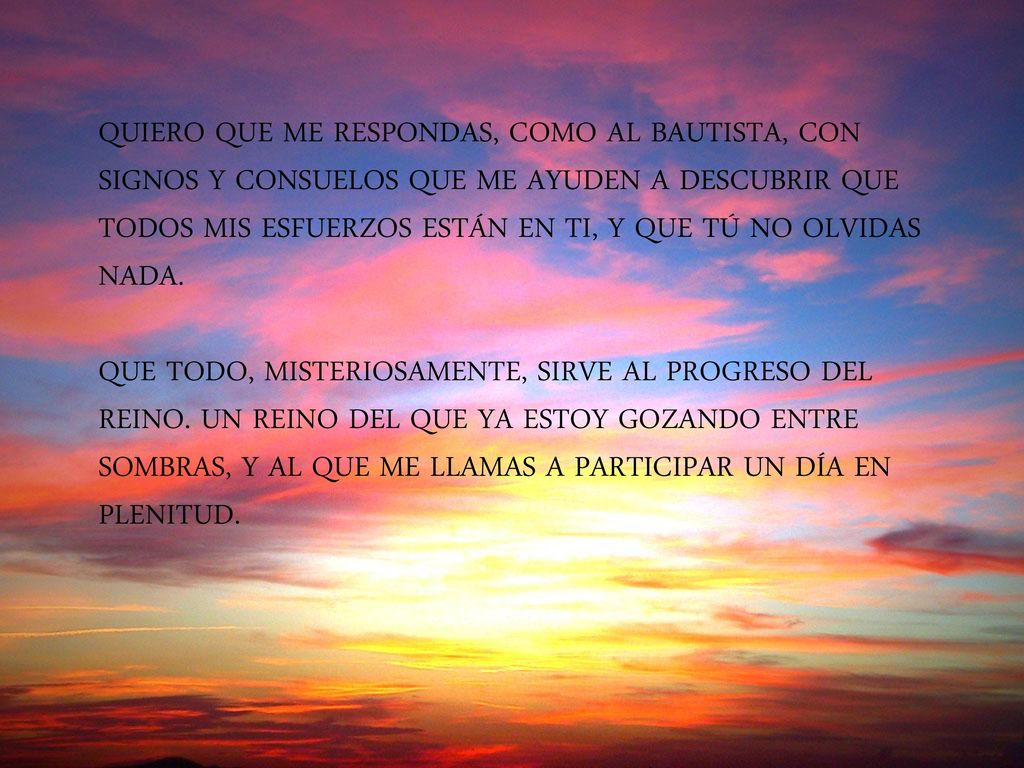 QUIERO QUE ME RESPONDAS, COMO AL BAUTISTA, CON SIGNOS Y CONSUELOS QUE ME AYUDEN A DESCUBRIR QUE TODOS MIS ESFUERZOS ESTÁN EN TI, Y QUE TÚ NO OLVIDAS NADA.