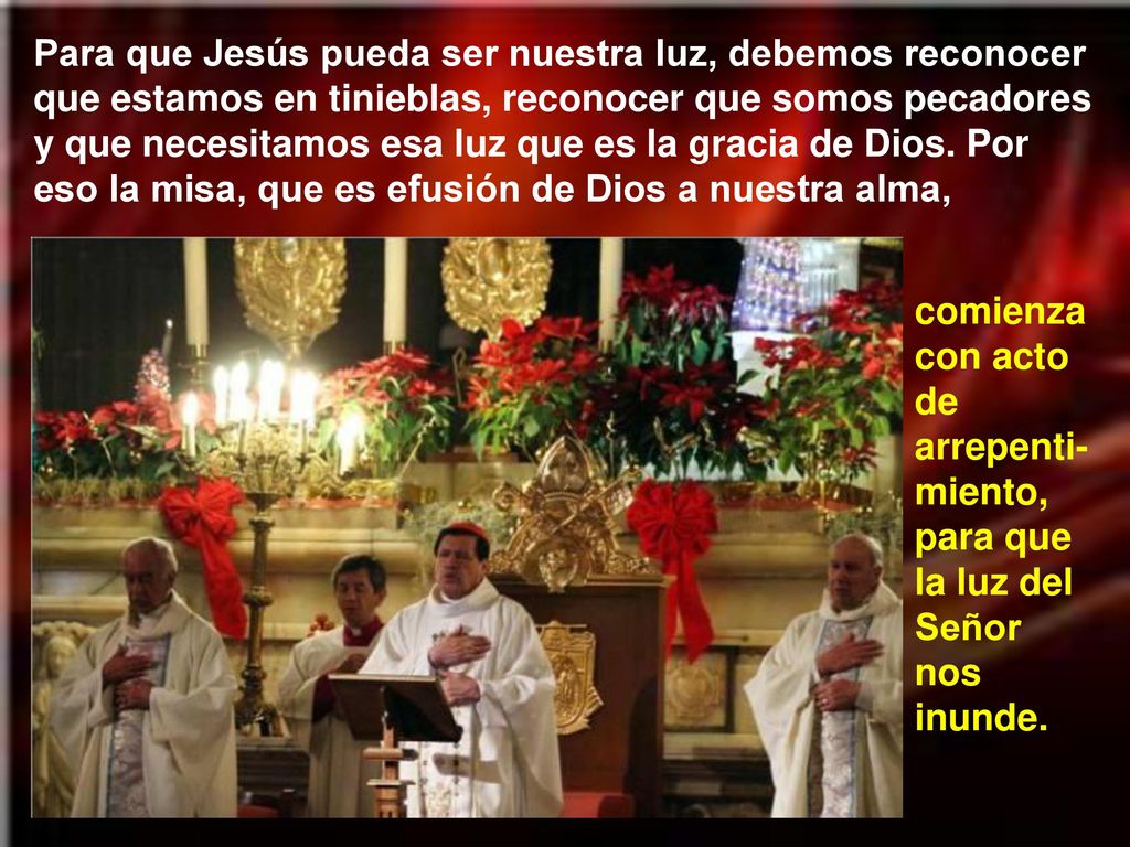 Para que Jesús pueda ser nuestra luz, debemos reconocer que estamos en tinieblas, reconocer que somos pecadores y que necesitamos esa luz que es la gracia de Dios. Por eso la misa, que es efusión de Dios a nuestra alma,