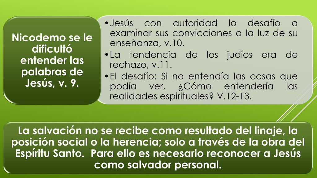 Nicodemo se le dificultó entender las palabras de Jesús, v. 9.