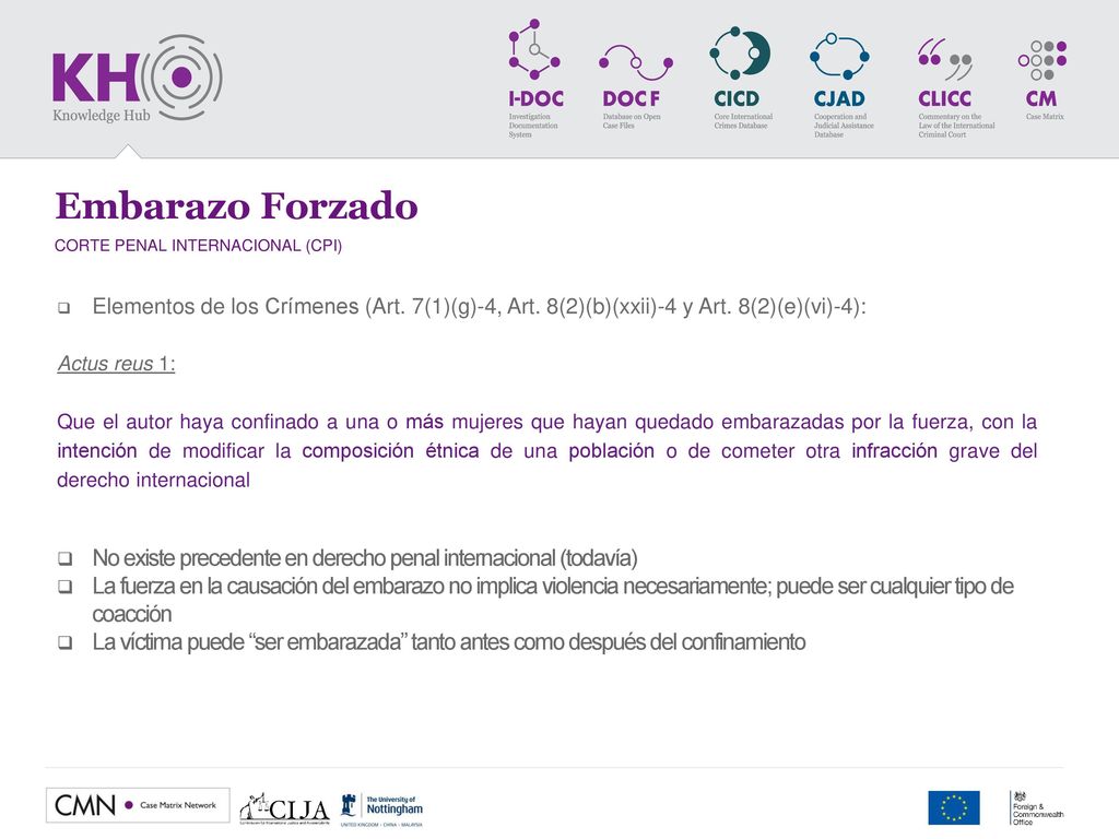 Embarazo Forzado CORTE PENAL INTERNACIONAL (CPI) Elementos de los Crímenes (Art. 7(1)(g)-4, Art. 8(2)(b)(xxii)-4 y Art. 8(2)(e)(vi)-4):
