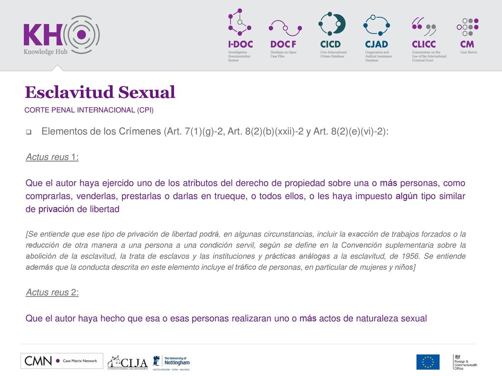 Esclavitud Sexual CORTE PENAL INTERNACIONAL (CPI) Elementos de los Crímenes (Art. 7(1)(g)-2, Art. 8(2)(b)(xxii)-2 y Art. 8(2)(e)(vi)-2):