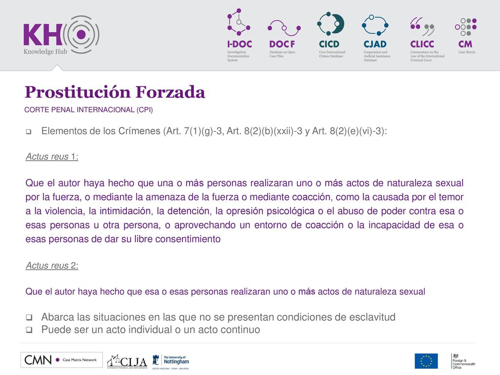 Prostitución Forzada CORTE PENAL INTERNACIONAL (CPI) Elementos de los Crímenes (Art. 7(1)(g)-3, Art. 8(2)(b)(xxii)-3 y Art. 8(2)(e)(vi)-3):