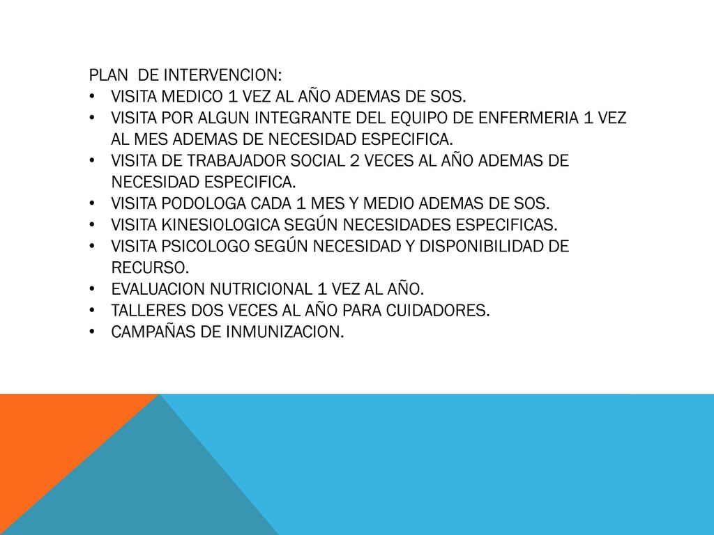 PLAN DE INTERVENCION: VISITA MEDICO 1 VEZ AL AÑO ADEMAS DE SOS.