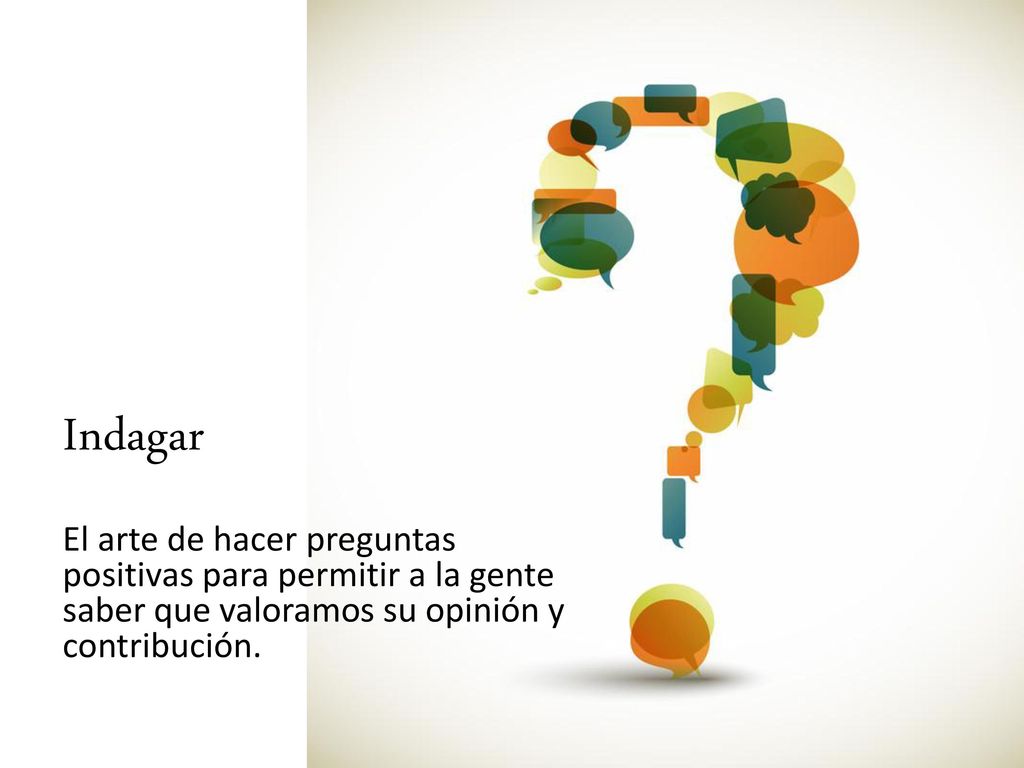 Indagar El arte de hacer preguntas positivas para permitir a la gente saber que valoramos su opinión y contribución.