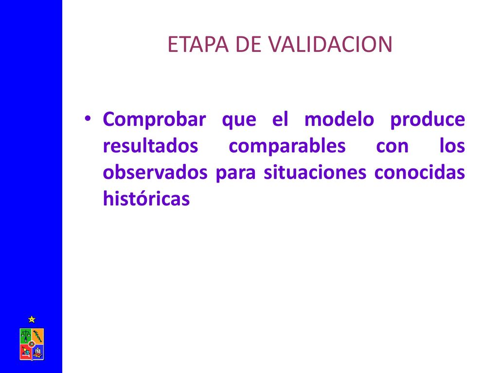ETAPA DE VALIDACION Comprobar que el modelo produce resultados comparables con los observados para situaciones conocidas históricas.