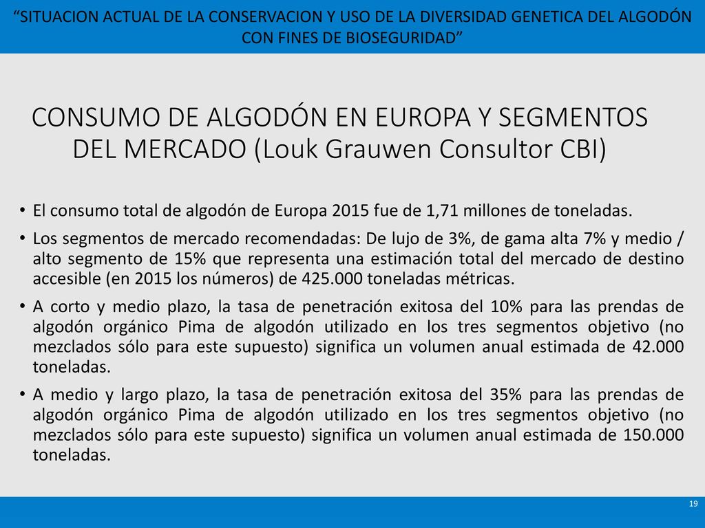 CONSUMO DE ALGODÓN EN EUROPA Y SEGMENTOS DEL MERCADO (Louk Grauwen Consultor CBI)