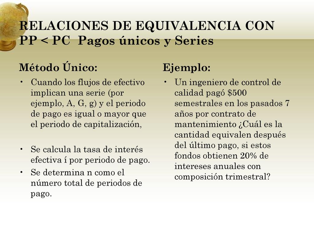 RELACIONES DE EQUIVALENCIA CON PP < PC Pagos únicos y Series