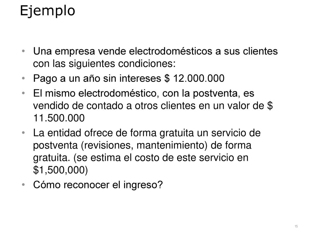 Ejemplo Una empresa vende electrodomésticos a sus clientes con las siguientes condiciones: Pago a un año sin intereses $