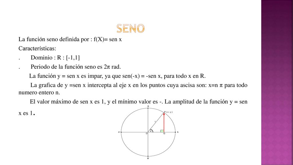 SENO La función seno definida por : f(X)= sen x Características: