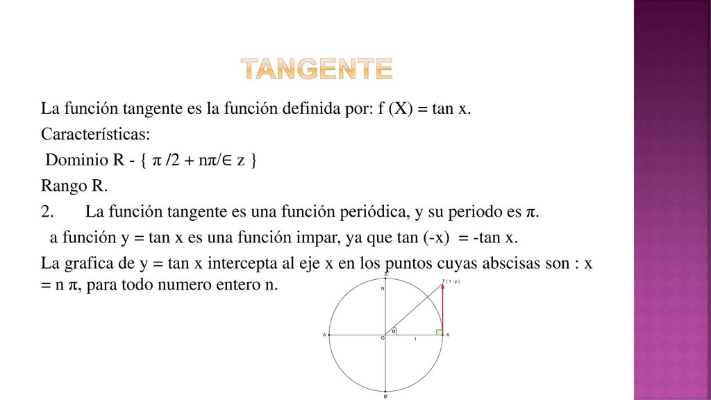 TANGENTE La función tangente es la función definida por: f (X) = tan x. Características: Dominio R - { π /2 + nπ/∈ z }