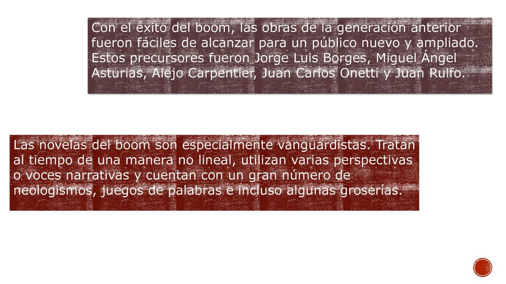 Con el éxito del boom, las obras de la generación anterior fueron fáciles de alcanzar para un público nuevo y ampliado. Estos precursores fueron Jorge Luis Borges, Miguel Ángel Asturias, Alejo Carpentier, Juan Carlos Onetti y Juan Rulfo.