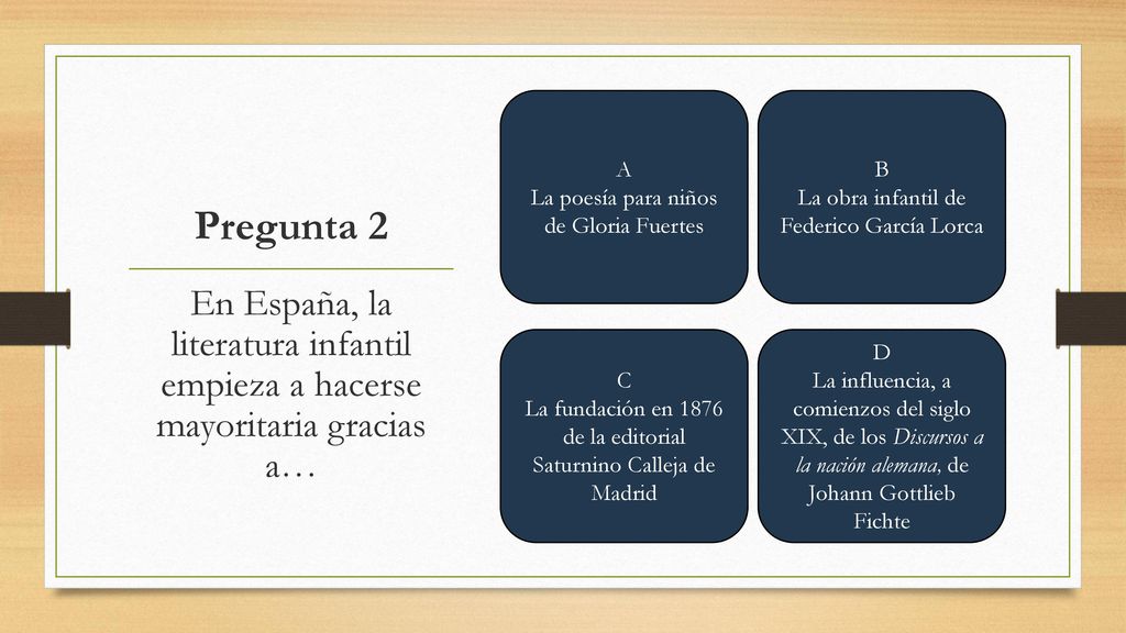 A La poesía para niños de Gloria Fuertes. B. La obra infantil de Federico García Lorca. Pregunta 2.