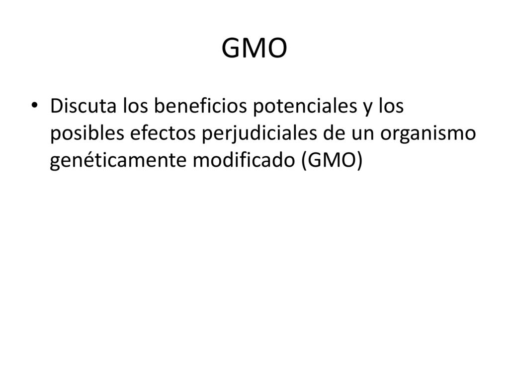 GMO Discuta los beneficios potenciales y los posibles efectos perjudiciales de un organismo genéticamente modificado (GMO)