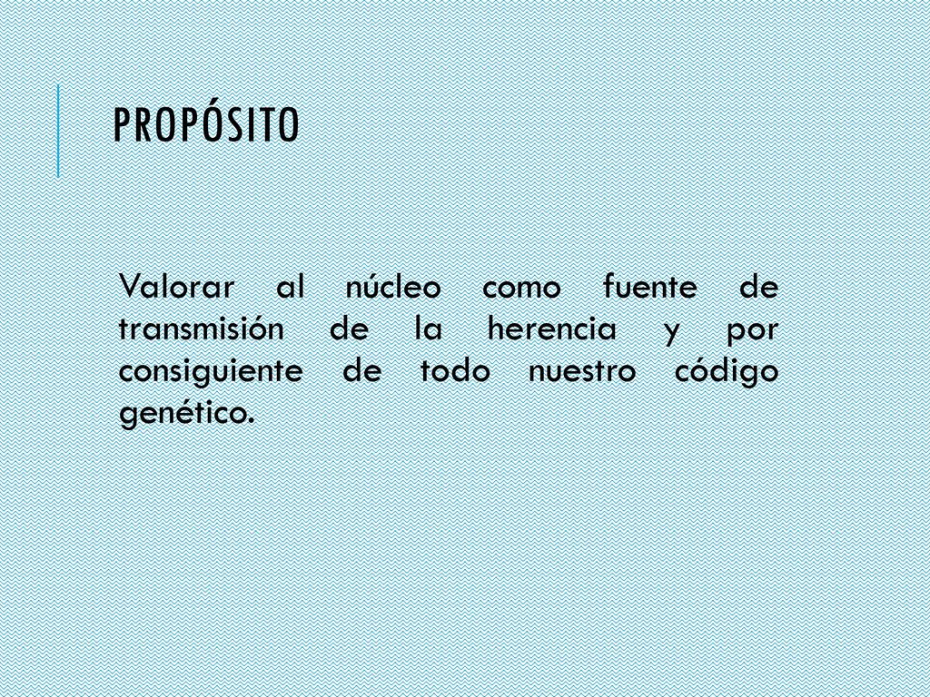 Propósito Valorar al núcleo como fuente de transmisión de la herencia y por consiguiente de todo nuestro código genético.
