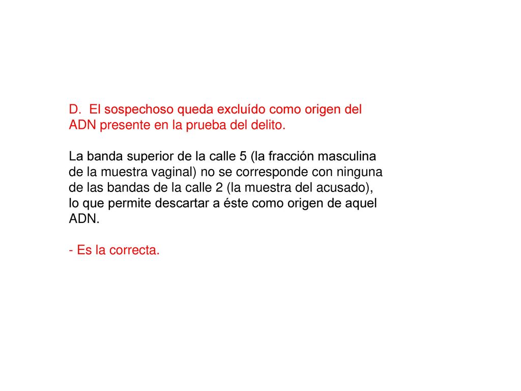 D. El sospechoso queda excluído como origen del ADN presente en la prueba del delito.