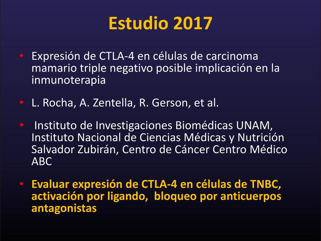 Estudio 2017 Expresión de CTLA-4 en células de carcinoma mamario triple negativo posible implicación en la inmunoterapia.