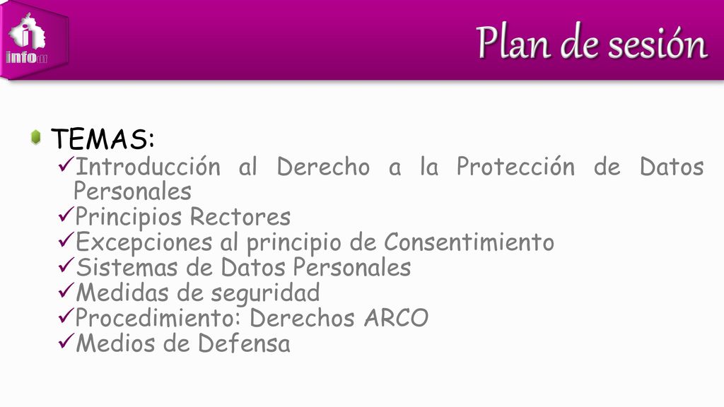 Plan de sesión TEMAS: Introducción al Derecho a la Protección de Datos Personales. Principios Rectores.