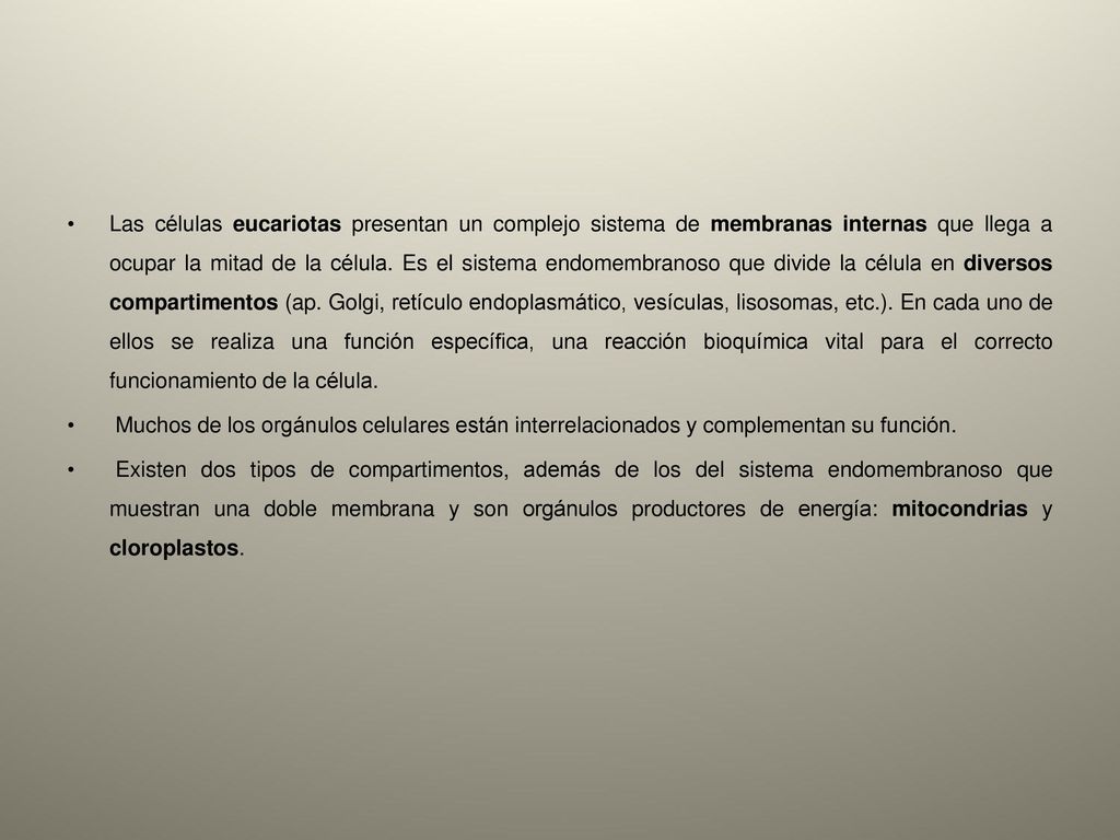 Las células eucariotas presentan un complejo sistema de membranas internas que llega a ocupar la mitad de la célula. Es el sistema endomembranoso que divide la célula en diversos compartimentos (ap. Golgi, retículo endoplasmático, vesículas, lisosomas, etc.). En cada uno de ellos se realiza una función específica, una reacción bioquímica vital para el correcto funcionamiento de la célula.