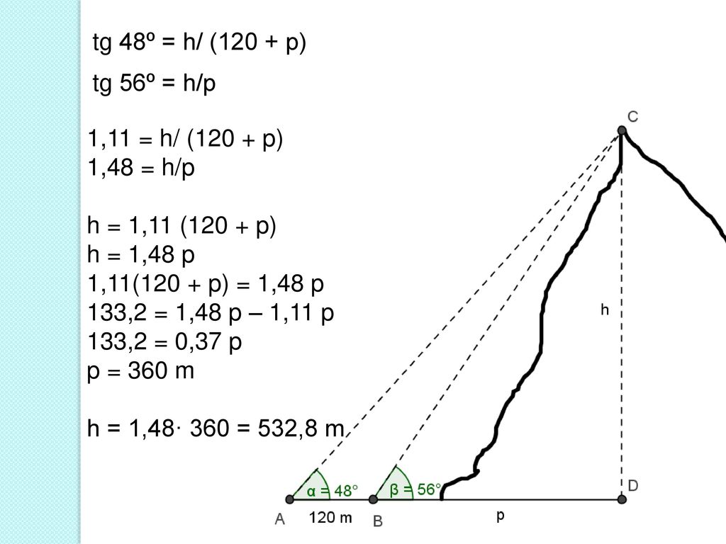 tg 48º = h/ (120 + p) tg 56º = h/p. 1,11 = h/ (120 + p) 1,48 = h/p. h = 1,11 (120 + p) h = 1,48 p.