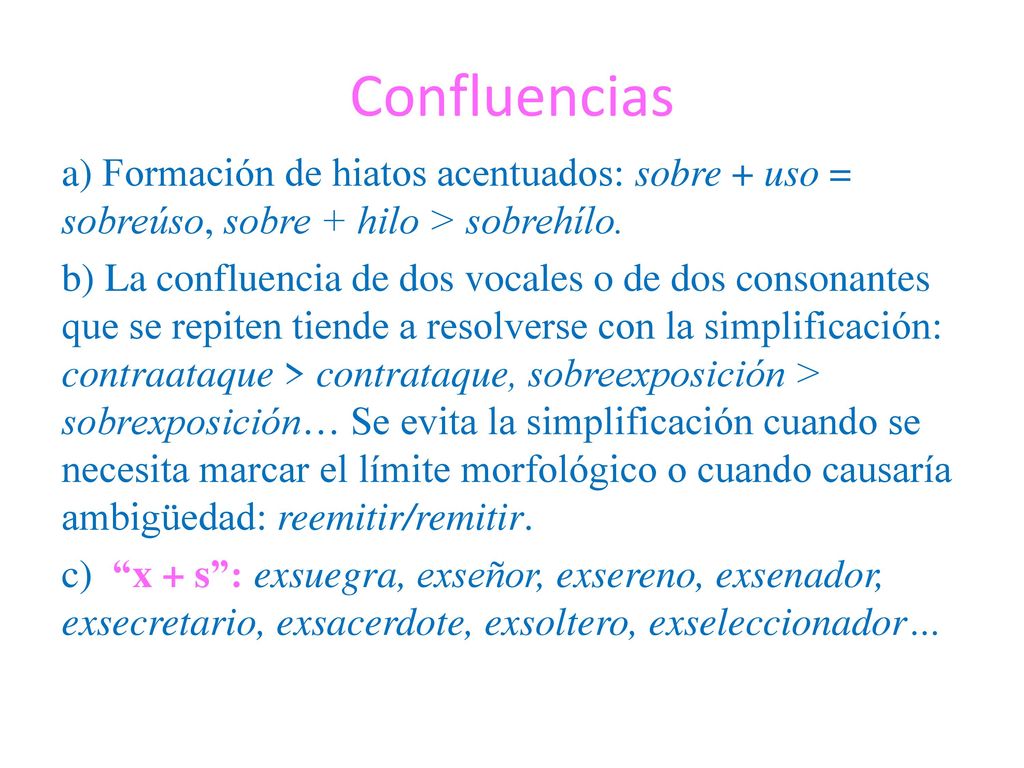 Confluencias a) Formación de hiatos acentuados: sobre + uso = sobreúso, sobre + hilo > sobrehílo.