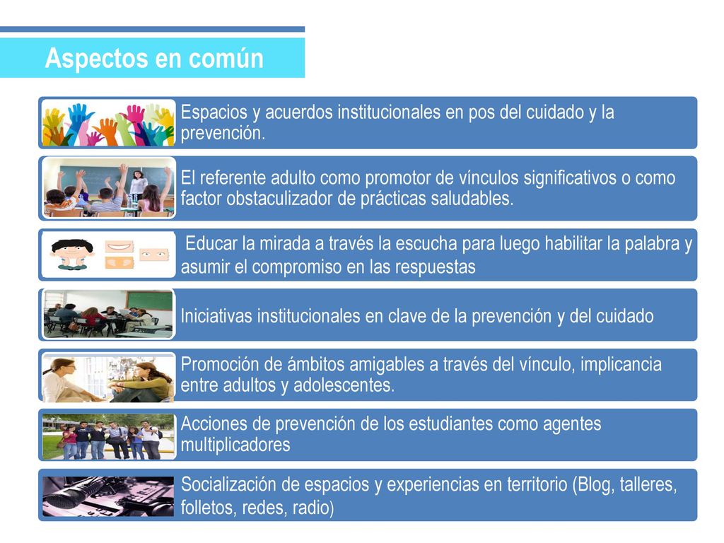 Aspectos en común Espacios y acuerdos institucionales en pos del cuidado y la prevención.