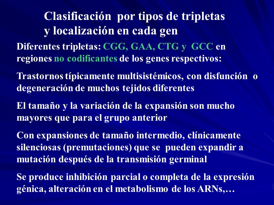 Clasificación por tipos de tripletas y localización en cada gen