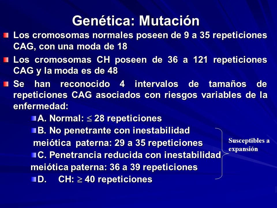Genética: Mutación Los cromosomas normales poseen de 9 a 35 repeticiones CAG, con una moda de 18.