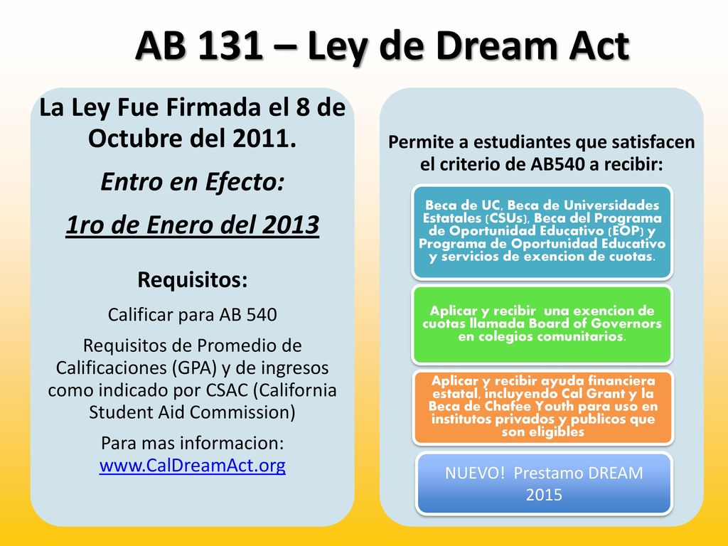AB 131 – Ley de Dream Act La Ley Fue Firmada el 8 de Octubre del 2011.