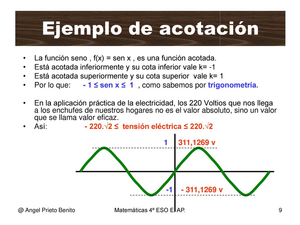 Ejemplo de acotación La función seno , f(x) = sen x , es una función acotada. Está acotada inferiormente y su cota inferior vale k= -1.