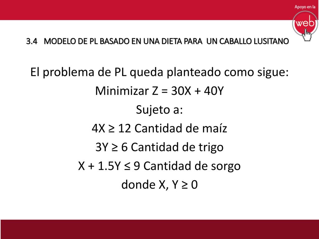 3.4 MODELO DE PL BASADO EN UNA DIETA PARA UN CABALLO LUSITANO