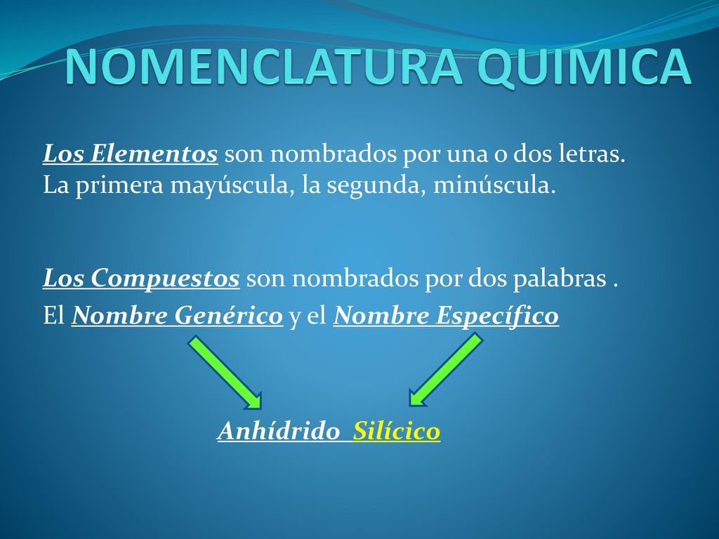 NOMENCLATURA QUIMICA Los Elementos son nombrados por una o dos letras. La primera mayúscula, la segunda, minúscula.